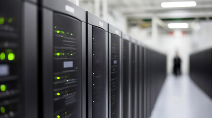 Data center with servers. Rows of racks with flashing green lights, suggesting active data processing. Modern infrastructure for hosting and cloud services.