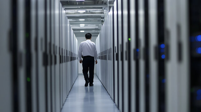 Data Center Technician: Person walking through the server room of a data center, which is filled with rows of computer server racks. High tech environment.