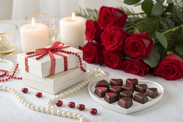 Romantic christmas scene with red roses gift box and heart shaped chocolates