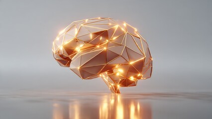 Abstract 3D illustration of a glowing geometric brain on a reflective surface.