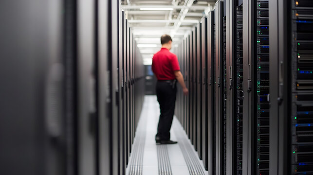 Data center technician walking through rows of servers. The person is wearing a red shirt, adding a pop of color to the otherwise grayscale environment.