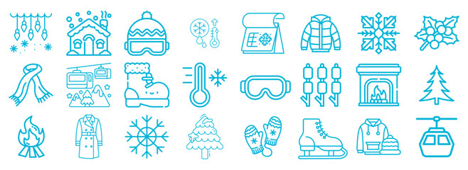 Collection of Winter Themed Icons in Blue Outline Style