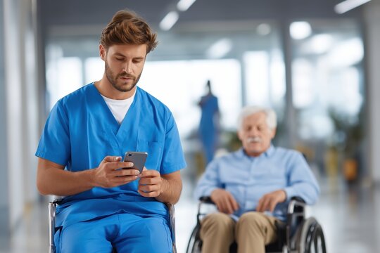 Young male nurse in blue scrubs using a smartphone in a hospital hallway