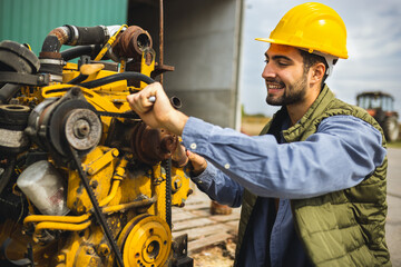 Young mechanic repairing truck and excavator engines