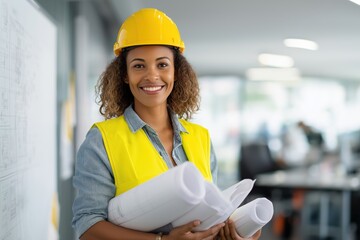 Smiling African American female architect in a hard hat holding construction blueprints