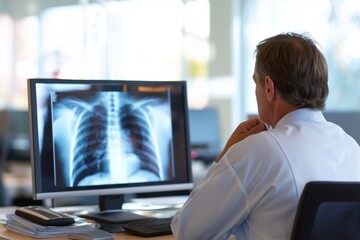 Male doctor analyzing a patient's chest x-ray on a computer monitor in his office