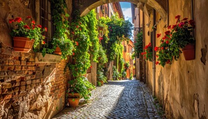 Fototapeta premium Picturesque alleyway with vibrant flowers and lush greenery in daytime sunlight
