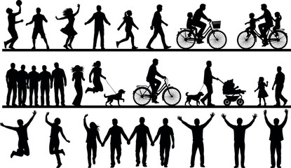 Human activity and interaction silhouette set with family, biking, walking, and joyful poses, black vector for lifestyle, emotion, and community themes
