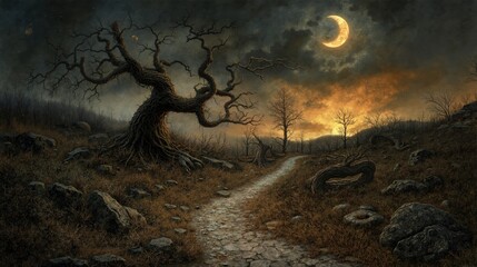 Enchanted path through eerie forest under crescent moon and dramatic night sky