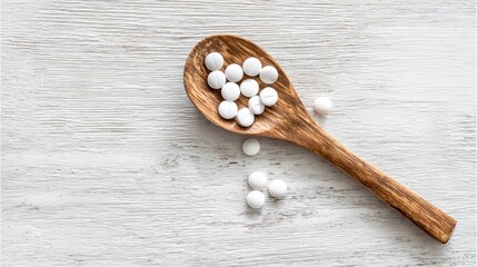 Stunning photo of wooden spoon with sweetener tablets on a white wooden background, top view.