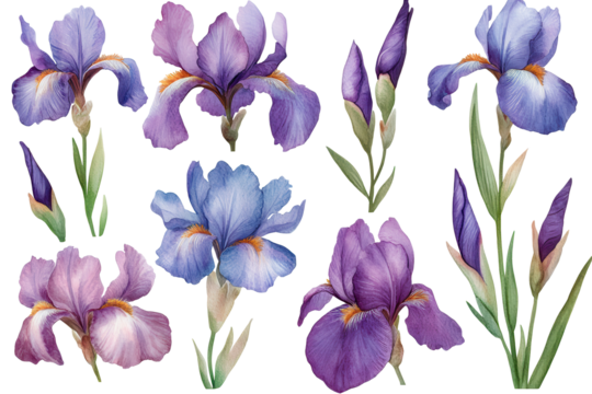 Collection of soft watercolor irises featuring delicate petals in various shades of purple and blue, creating a serene and artistic floral display