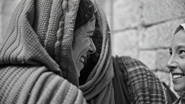 Zechariah, silent with a gentle knowing smile, watches the joyful meeting between his wife and Mary, capturing a tender, cinematic biblical moment filled with warmth.