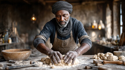 Skilled african baker kneading dough in rustic kitchen with warm