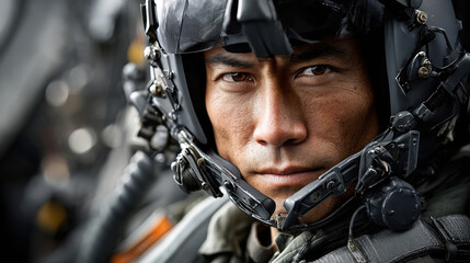 Determined asian male pilot with helmet in aircraft cockpit, portrait of military man focused expression and ready for flight.