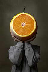 Person holding giant orange face conceptual art surreal fruit human fusion creativity