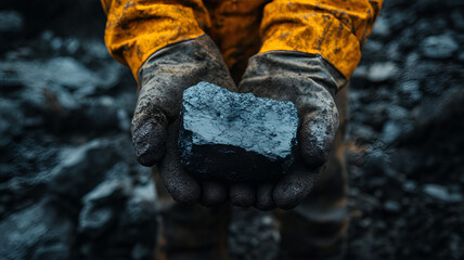 Worker holding lignite coal block in hands with protective gloves in industrial mining environment