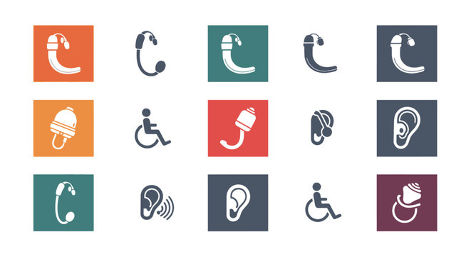 Hearing aid icons representing different types and accessibility symbols.