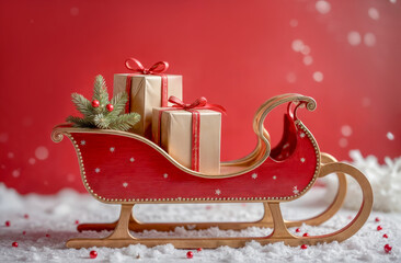 Festive red sleigh filled with golden gift boxes and Christmas decorations against a cheerful backdrop