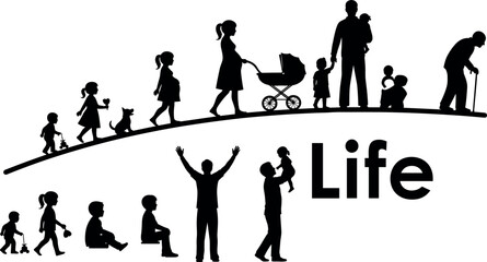 Human life cycle silhouette illustration with timeline of age stages, black vector design for education, philosophy, and personal development themes