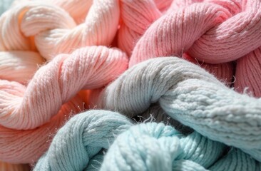 Texture, pattern of hand-knitted fabric made of soft pink and soft blue threads