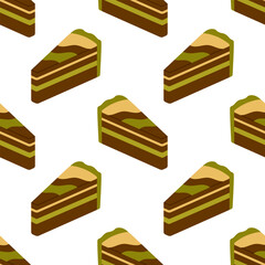 Vector seamless pattern with Dubai chocolate pistachio cake slices isolated on white. Sweet dessert food background illustration for cafe, bakery, menu, branding, wrapping.