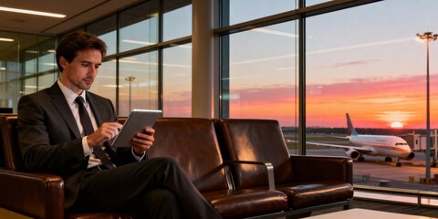 Businessman using tablet in airport lounge with sunset view of runway