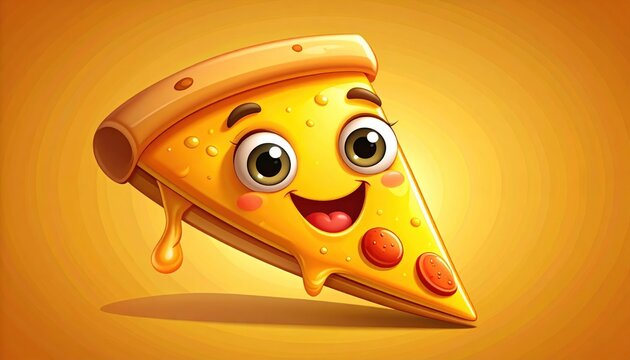 Cartoon pizza slice with a smiling face and melted cheese on orange background