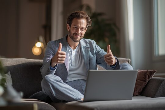 Man in Pajamas Giving Thumbs Up During a Video Call at Home