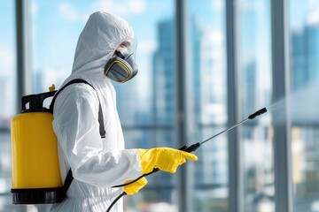 Exterminator in a Hazmat Suit Spraying an Office Building