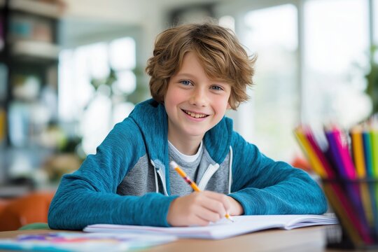 Happy Young Boy with Freckles Doing Homework at Home