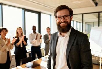 Confident businessman smiling in a bright modern office while colleagues applaud in the background. Glass walls and warm daylight create a positive and professional team atmosphere. 

