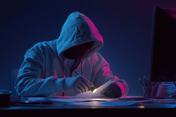Hacker in a Hoodie Forging a Document with a Flashlight
