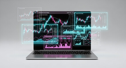 Laptop Displaying Multiple Holographic Financial Stock Market Analysis Charts finance trading isolated on a transparent background