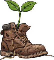 A green sprout emerges from an old work boot, symbolizing growth, new life, and opportunities after losing a job due to automation.
