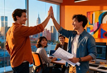 Plakat Creative team celebrating success in a colorful modern office with city views at sunset. Two colleagues share a high-five while others smile, creating an energetic and inspiring atmosphere. 