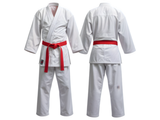 White judo gi with red belt isolated on transparent background, front and back view