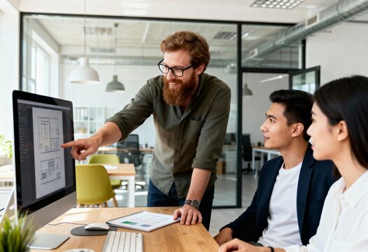 Team of architects discussing building plans on a computer screen in a bright open-plan office with glass walls and modern furniture. Soft daylight enhances the professional and creative mood.