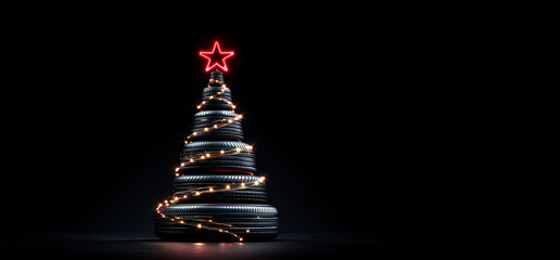 A Christmas tree made of car tires and wheels on a dark background with space for text. A festive New Year's banner for a company specializing in tuning, repair, and auto parts sales.