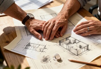 Close-up of architects’ hands reviewing detailed building plans on a wooden desk in warm daylight. Technical drawings, pencil, and eraser emphasize precision and creative collaboration.
