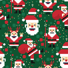 Retro Christmas Santa Claus Pixel Seamless Pattern - Nordic Knit Playful Vector Holiday Background