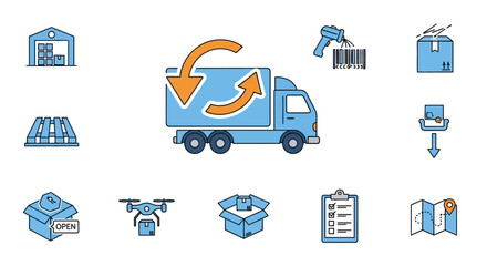 Logistics and Delivery Icons Depicting Transportation and Supply Chain.