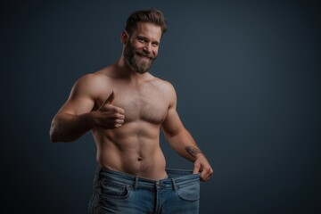Obraz premium Happy Muscular Man Showing His Weight Loss Progress