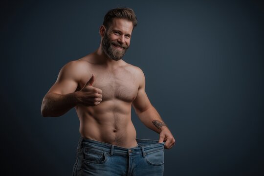 Happy Muscular Man Showing His Weight Loss Progress