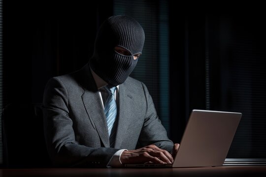 Anonymous Businessman in a Balaclava Hacking on a Laptop