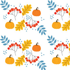 Seamless autumn pattern with orange pumpkins, yellow oak leaves, red rowan berries, and blue-gray leaves on a white background