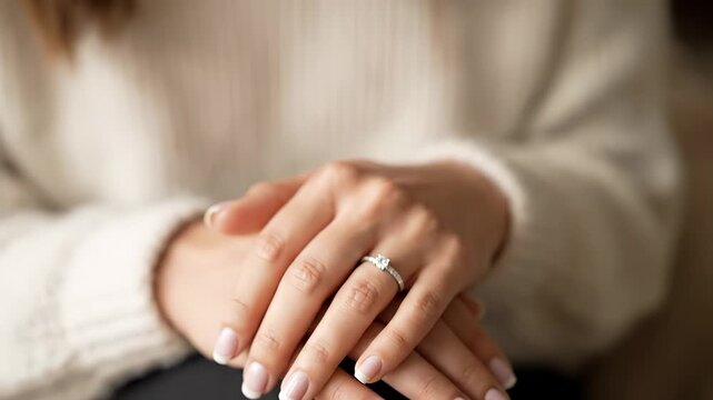 A woman's hands display a ring while the woman's fingers highlight the ring delicately. The woman's nails complement the ring as hands clasp together.