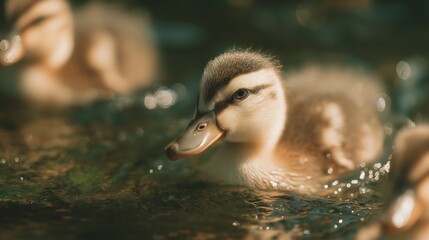 Young duck chicks swimming in water
