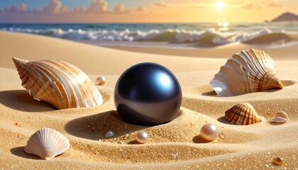 A beautiful beach scene with shells, pearls, sand, and a sunset in the background
