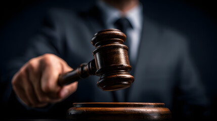 Ultra HD Close up of a judge holding a gavel in a courtroom during a trial image