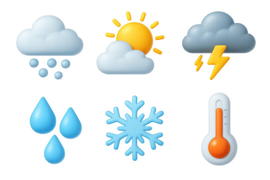 3D Weather Icons Set. Weather icons set of icons in 3D color style: cloud with hail, sun behind cloud, storm cloud, raindrops, snowflake, thermometer,